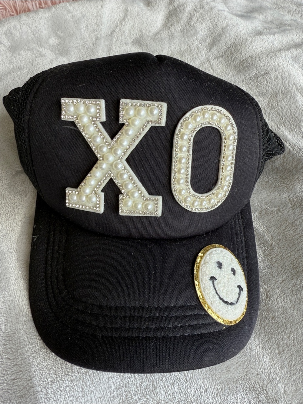 Black chi omega Embellished Baseball Cap with Pearl Accents